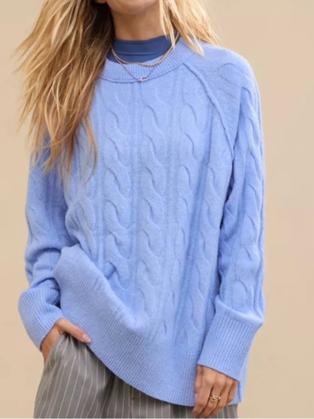 Aerie Cornflower Blue Oversized Cable Knit Sweater Sz Lg